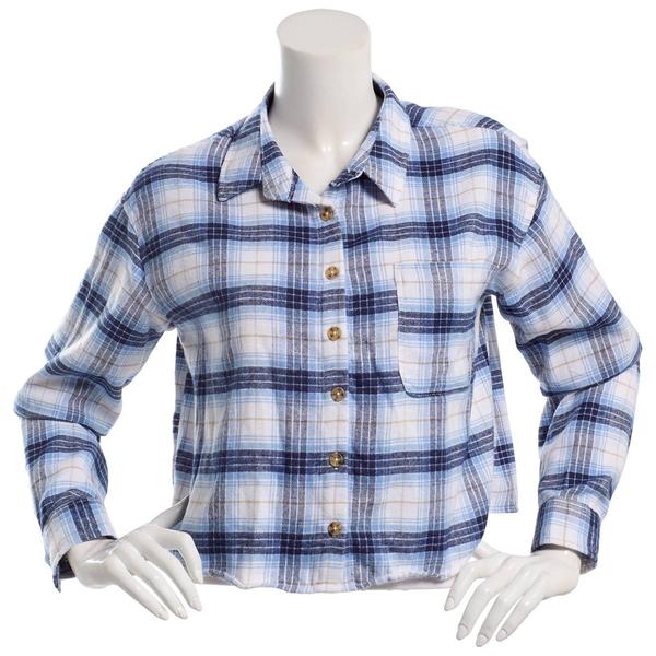 Juniors No Comment Crop Plaid Flannel Top- Blue - image 