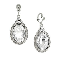 1928 Silver-Tone Crystal Oval Drop Clip On Earrings