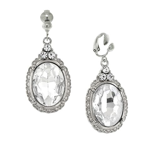 1928 Silver-Tone Crystal Oval Drop Clip On Earrings - image 
