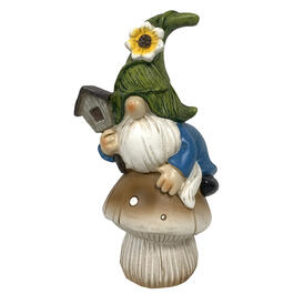Resin Gnome on a Mushroom Holding a Birdhouse