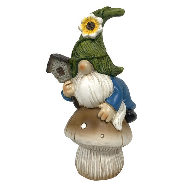 Resin Gnome on a Mushroom Holding a Birdhouse - image 