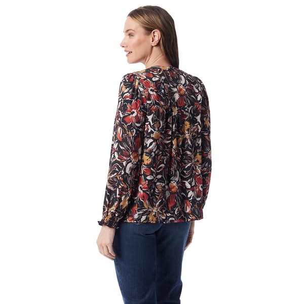 Petite Gloria Vanderbilt Long Sleeve Split Neck Floral Blouse