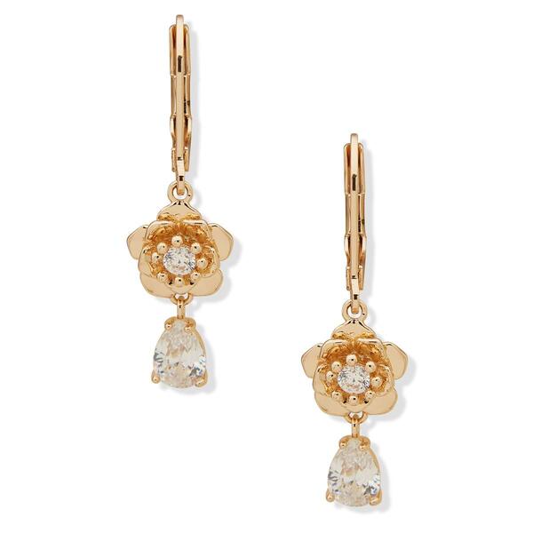 Anne Klein Gold-Tone Crystal Flower Stone Drop Pierced Earrings - image 