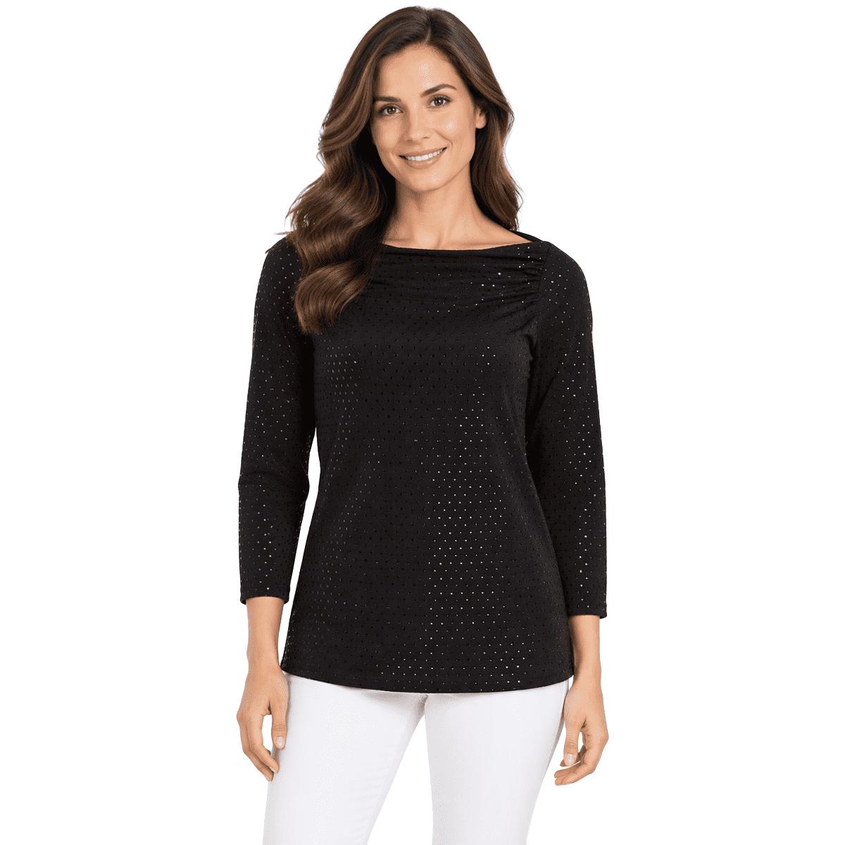 Petite Kasper Long Sleeve Ruched Front Dot Blouse