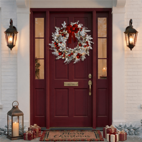 Puleo International 32in. LED Adorned Flocked Artificial Wreath