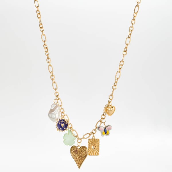 Ashley Gold Plated Charm Necklace w/ Hearts/Butterflies/Pearls - image 