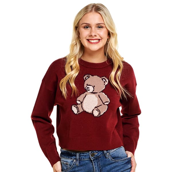 Junior Pink Rose Jacquard Bear Slouchy Sweater - image 