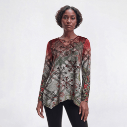 Womens One World Long Sleeve Criss Cross Neck Snowflake Tee