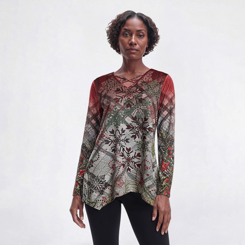 Womens One World Long Sleeve Criss Cross Neck Snowflake Tee
