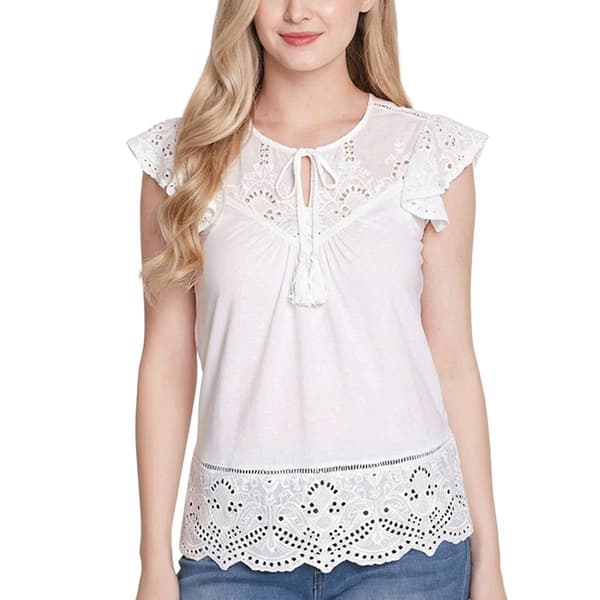 Womens NY Collection Flutter Cap Sleeve Lace Trim Blouse - image 