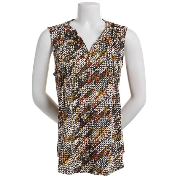 Womens Nottations Sleeveless Puff Pleated Henley Blouse