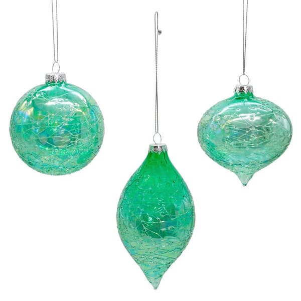Kurt Adler 80MM Glass Iridescent Green 3pc. Ornament Set - image 