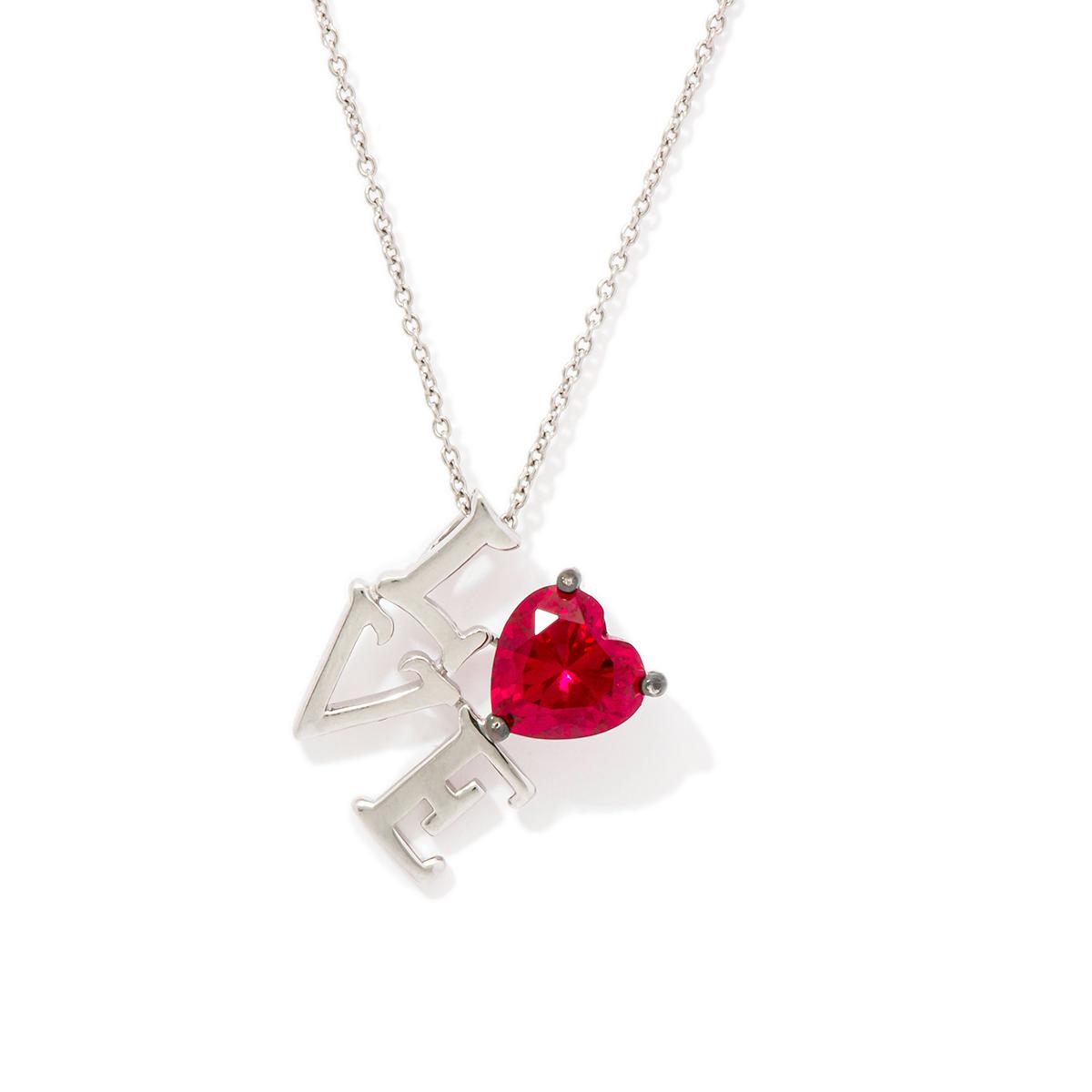 Silver Plated Ruby CZ Love Heart Pendant Necklace