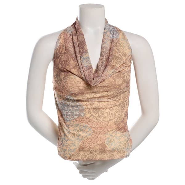 Juniors Derek Heart Floral Mesh Cowl Neck Halter Top w/ Beads - image 