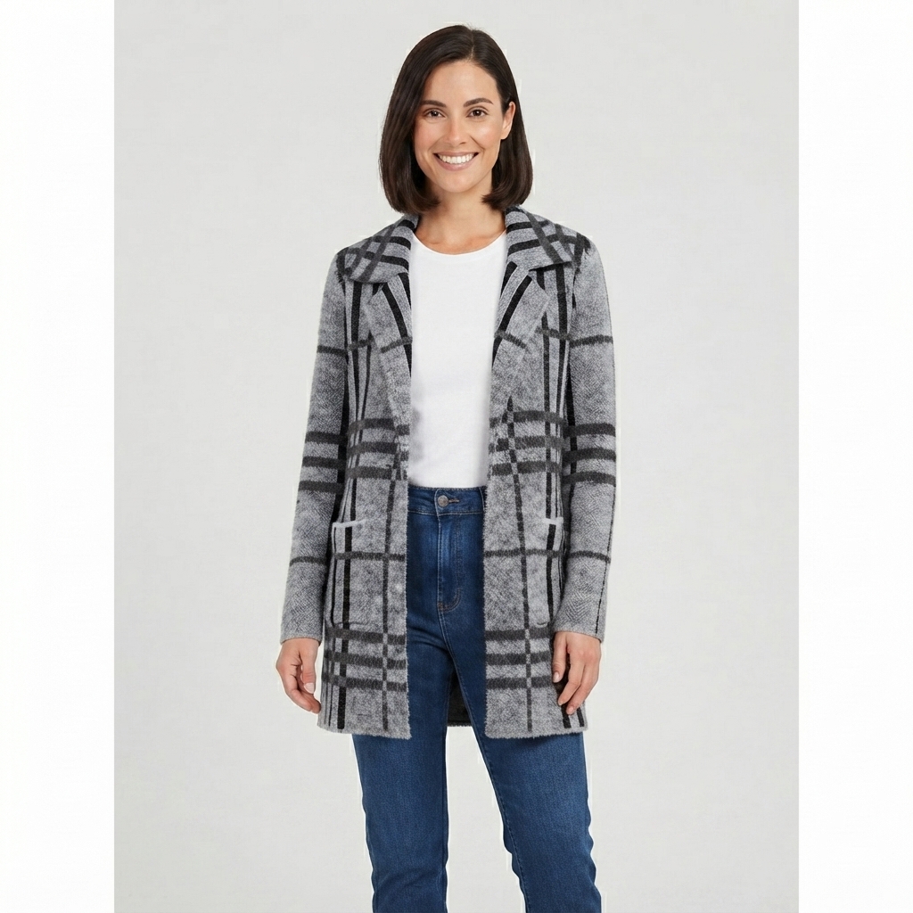 Womens By Design Long Sleeve Notched Two Pocket Plaid Coatigan