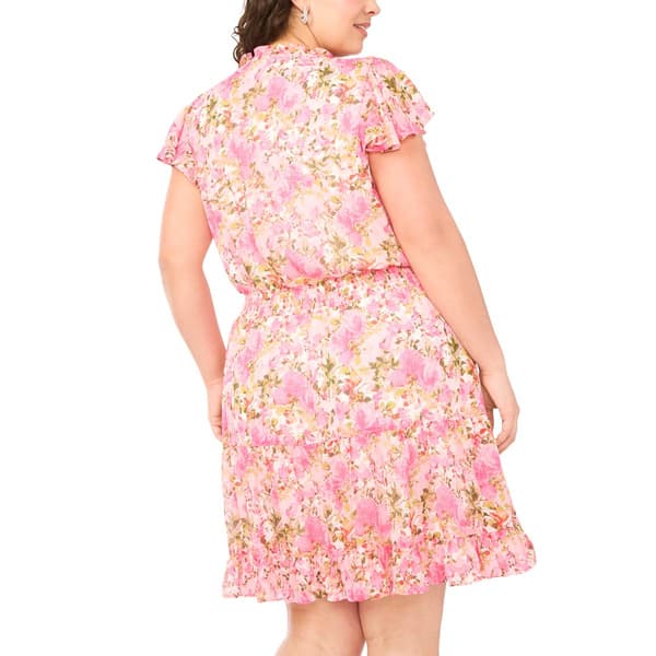 Plus Size MSK Short Sleeve Floral Smock Waist A-Line Dress