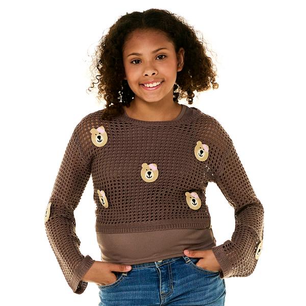 Girls (7-16) No Comment Long Sleeve Bear Mesh 2Fer Top & Tank - image 