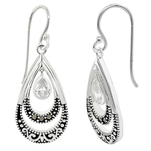 Marsala Fine Silver Plated Marcasite & CZ Earrings - image 