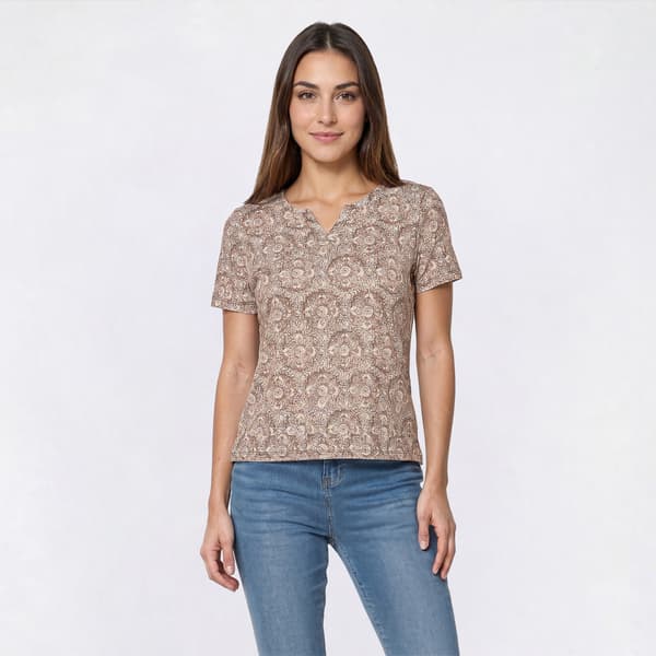 Womens Emily Daniels Short Sleeve Medallion Split Neck Blouse