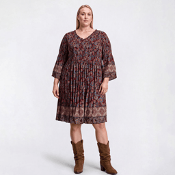 Plus Size Emma & Michele 3/4 Sleeve Paisley Pleat A-Line Dress