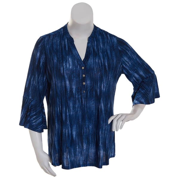Plus Size Notations 3/4 Bell Sleeve Striped Mandarin Henley Top - image 