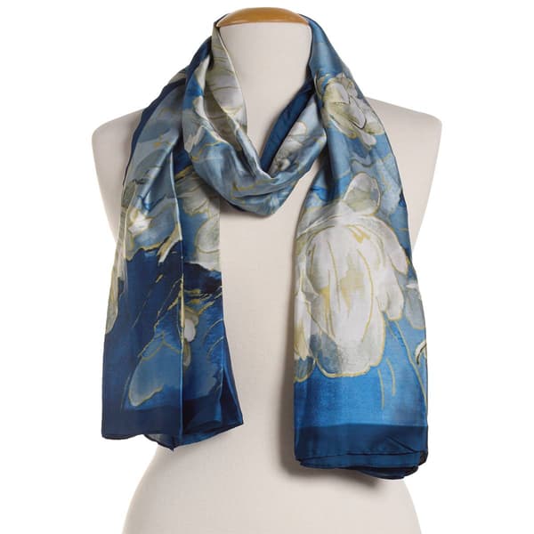 Womens Renshun Floral Silky Oblong Scarf - Blue