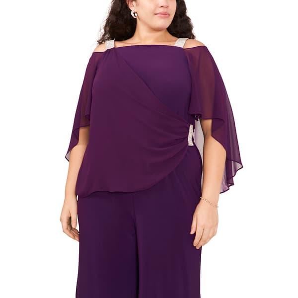 Plus Size MSK Solid Capelet Overlay Rhinestone Trim Jumpsuit