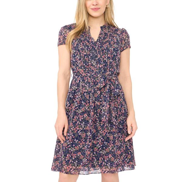 Petites MSK Short Sleeve Print Pintuck Chiffon Dress - image 