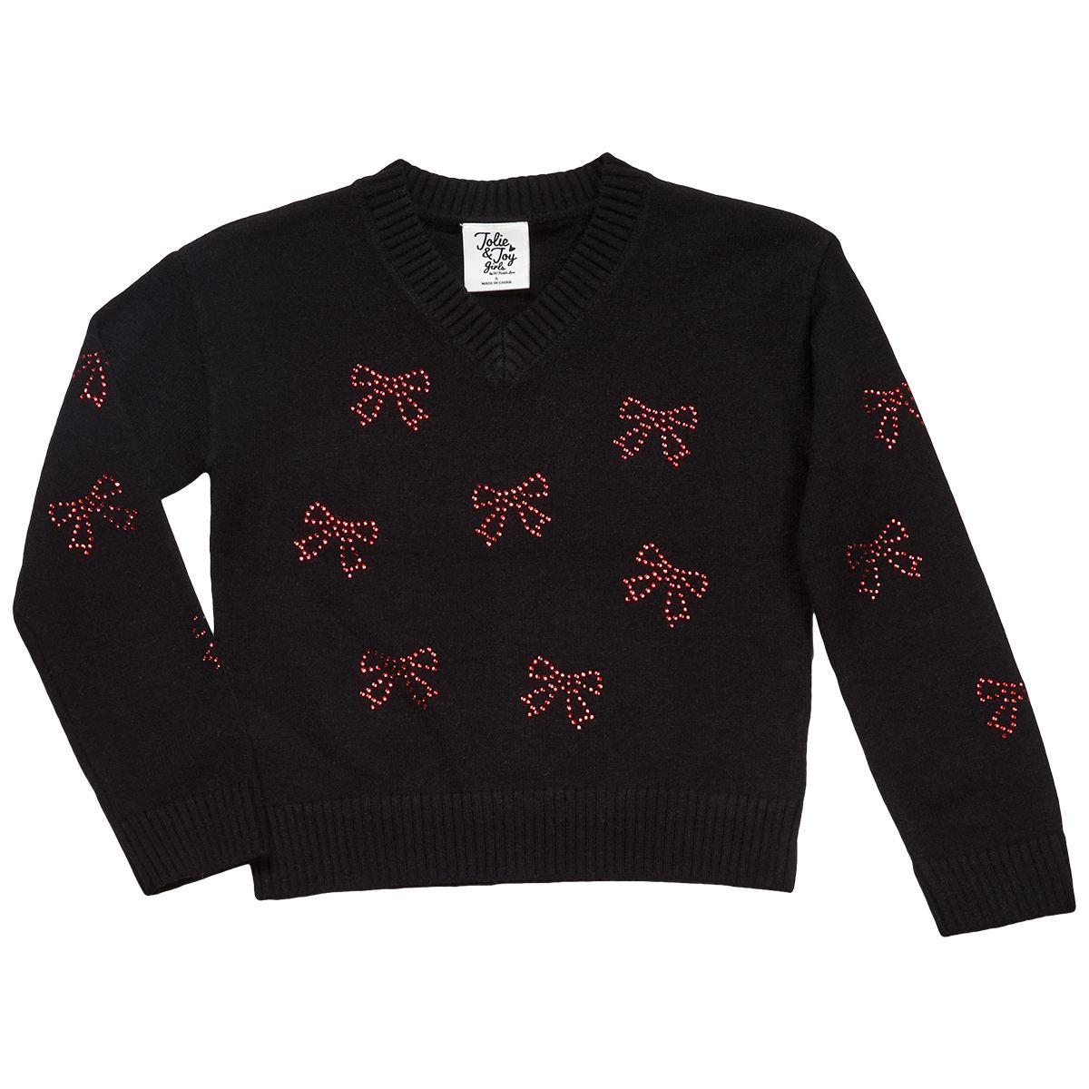 Girls (4-6x) Jolie & Joy Bow Rhinestone V-Neck Sweater