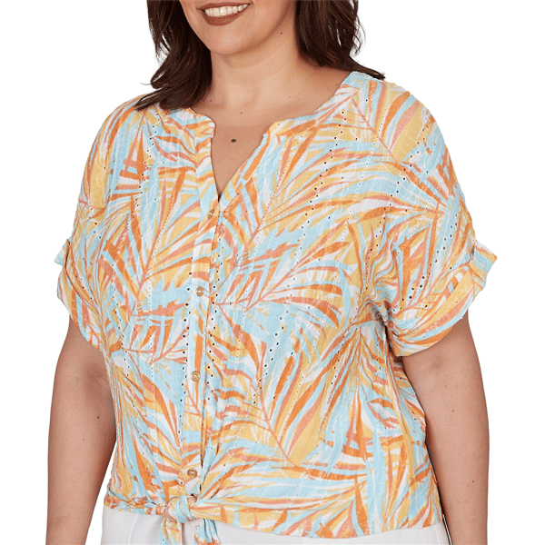 Plus Size Hearts of Palm Fun in the Sun Leaf Tie Front Blouse