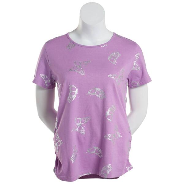 Petite Shenanigans Short Sleeve Foil Butterfly Crew Neck Tee - image 