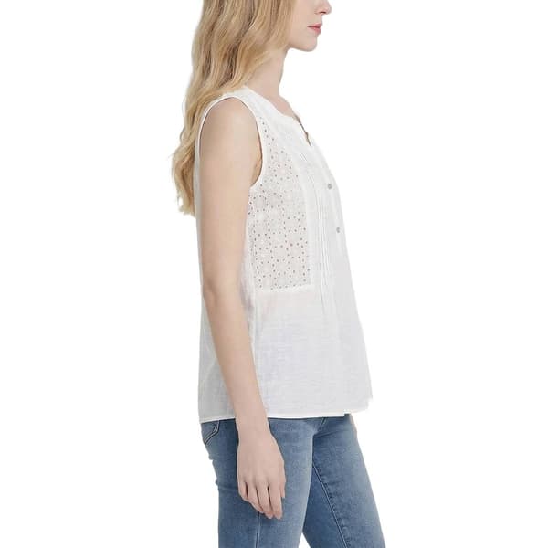 Womens NY Collection Sleeveless Pleated Eyelet Trim Blouse