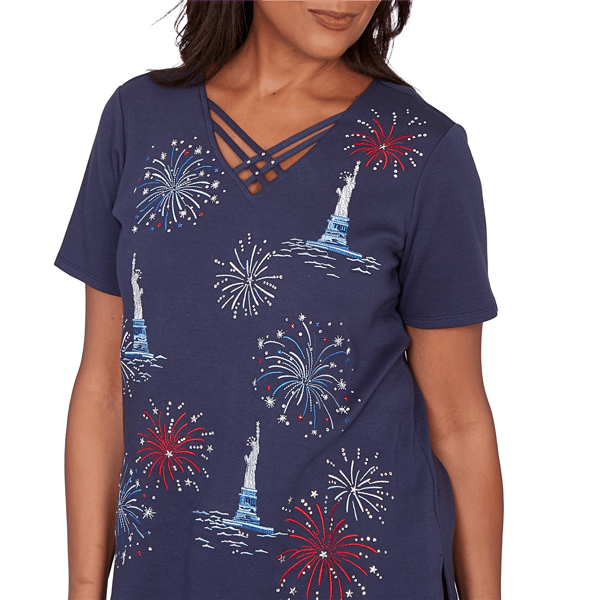 Petite Alfred Dunner Lady Liberty Fireworks Embroidery Blouse