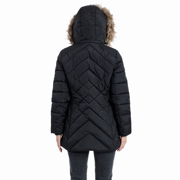 Petites London Fog Chevron Puffer Coat with Faux Fur Trimmed Hood