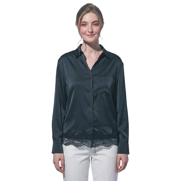 Juniors Love Tree Satin Oversized Lace Hem Button-Up - image 
