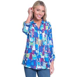 Womens Ali Miles Roll Tab Sleeve Print Button Front Blouse