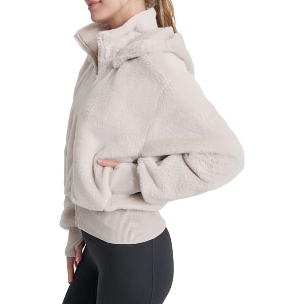 Womens DKNY Full Zip Terry Fur Bomber Removable Hood