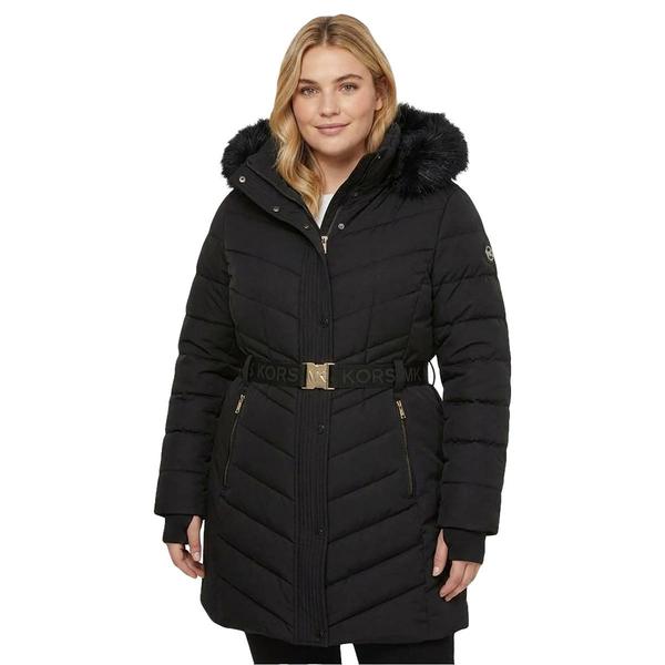 Plus Size Michael Kors Belted Puffer Walker Coat w/ Faux Fur Hood
