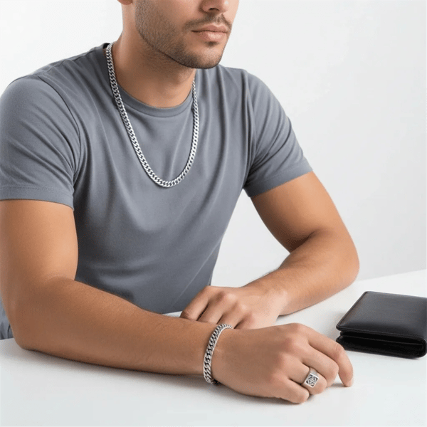 Mens Iron Saints 8mm Cuban Link Silver-Tone Necklace Bracelet Set