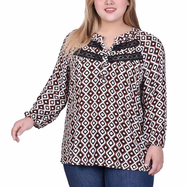 Plus Size NY Collection Long Sleeve Crochet inset Blouse