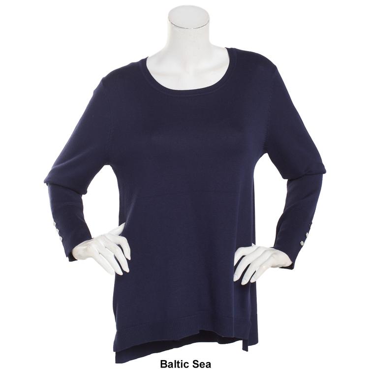 Petite Retrology Crew Neck Button Sleeve Side Slit Sweater