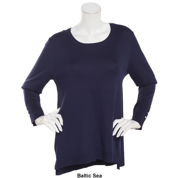 Petite Retrology Crew Neck Button Sleeve Side Slit Sweater