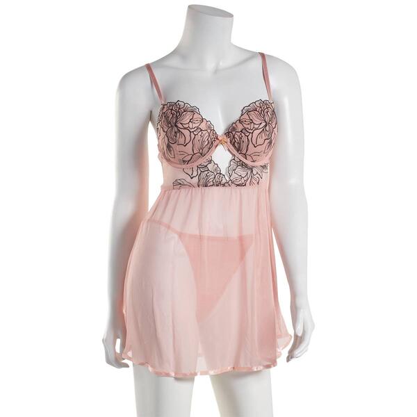 Womens Daisy Fuentes 2pc. Embroidered Mesh Babydoll Thong Set - image 