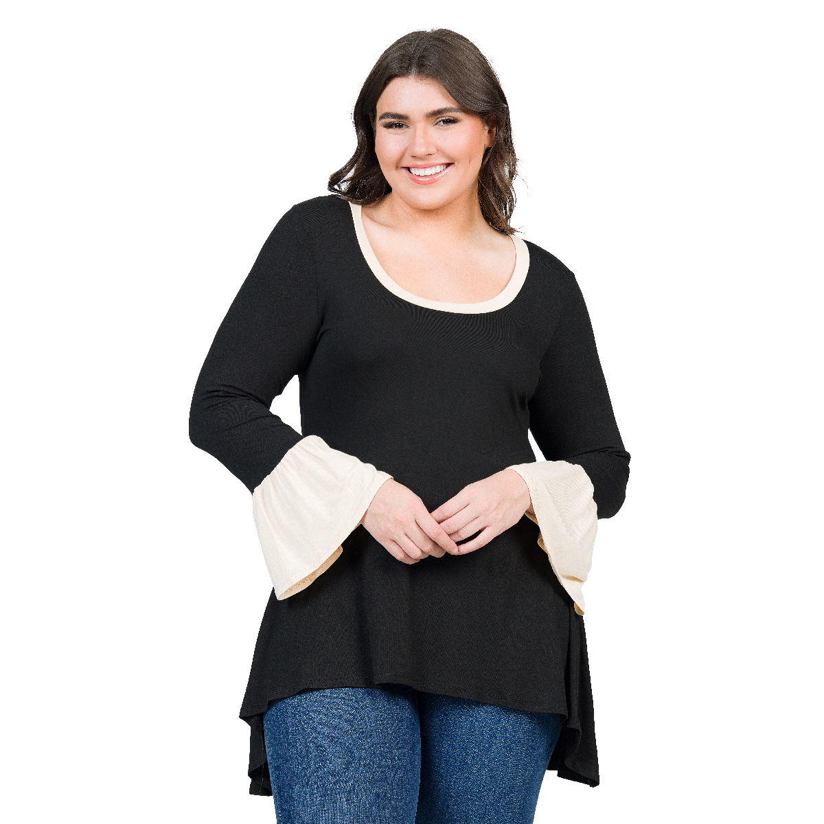 Plus Size 24/7 Comfort Apparel Bell Sleeve Hi Low Tunic Top
