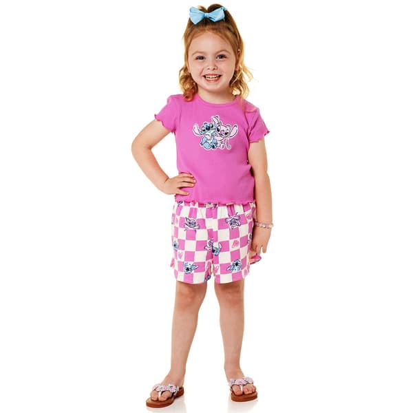 Girls (4-6x) Disney 2pc. Stitch & Angel Ribbed Top & Check Shorts - image 