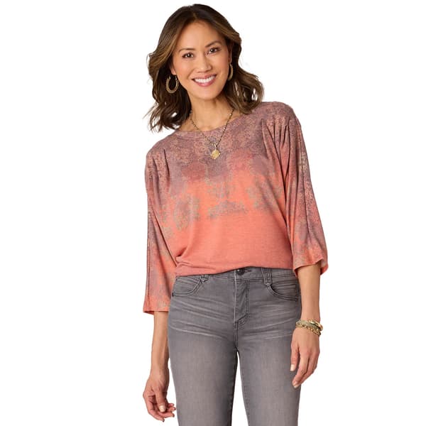 Womens Democracy Ombre Damask 3/4 Dolman Sleeve Blouse