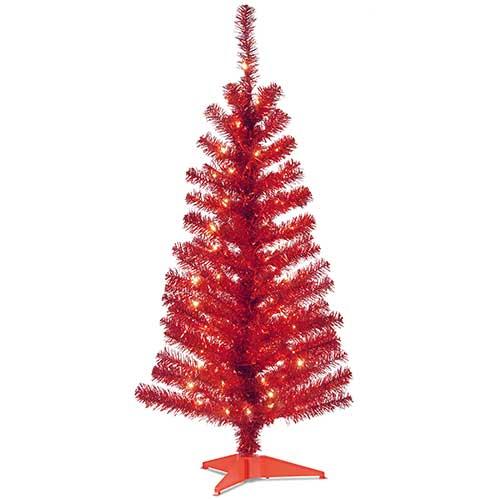 National Tree 4ft. Red Tinsel Tree with Clear Lights