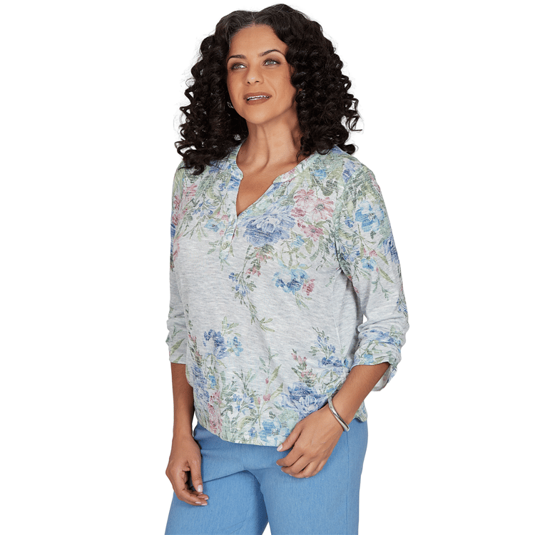 Petite Alfred Dunner Provence Floral Marled Henley Blouse