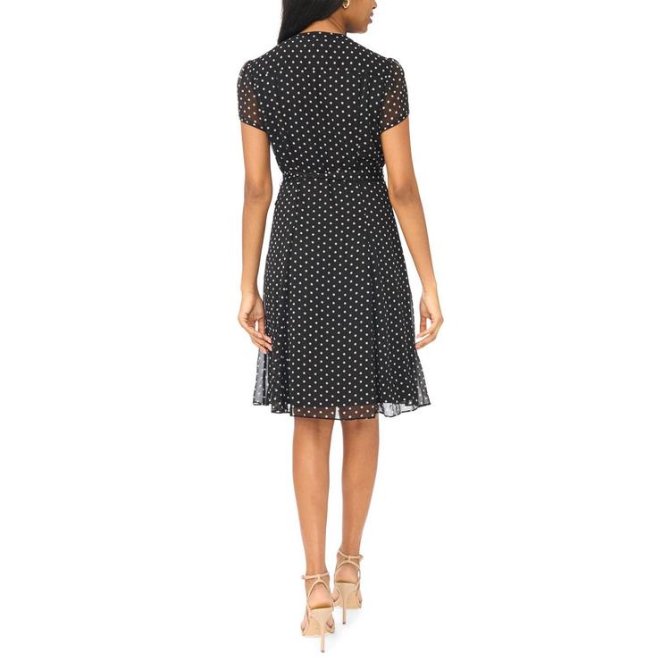 Womens MSK Short Sleeve Dot Chiffon Pintuck A-Line Dress