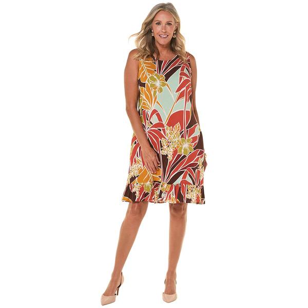 Womens MSK Sleeveless Tropical Challis Ruffle Hem Shift Dress - image 